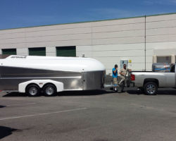 I called to give you some feedback on this trailer… it’s the best trailer I’ve ever towed and I’ve towed a lot! All through AZ we drove through severe weather with 40 to 50 mph crosswinds. I didn’t feel the Aerovault twitch even once.
Chris, Professional Transporter aerovault ready for transport