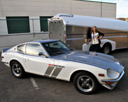 I was packing up our booth at the Monterey Historics when a man walked up to me and said: “I’ve been told you own that little silver trailer out there. I’m sorry to say I ran my 18 wheeler into it”. I smiled and said I was pretty sure he’d taken the worst of it. With a big smile of relief erupting across his face he said: “Yes ma’am! You’ve just got some red paint on yours and I’ve got a big dent in mine.”
Gayle, NV 240z with aerovault