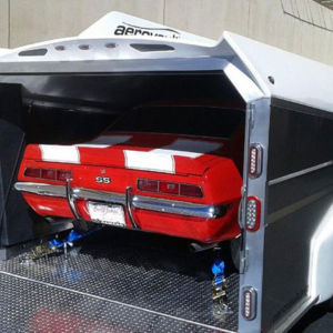 This gentleman from WA State scored both a Camaro SS AND an Aerovault at the 2016 Barrett-Jackson auction in Las Vegas (Aerovaults were on display, not being auctioned). Camaro SS in enclosed Aerovault trailer