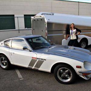 I was packing up our booth at the Monterey Historics when a man walked up to me and said: “I’ve been told you own that little silver trailer out there. I’m sorry to say I ran my 18 wheeler into it”. I smiled and said I was pretty sure he’d taken the worst of it. With a big smile of relief erupting across his face he said: “Yes ma’am! You’ve just got some red paint on yours and I’ve got a big dent in mine.” Gayle, NV Gayle with 240z and Aerovault