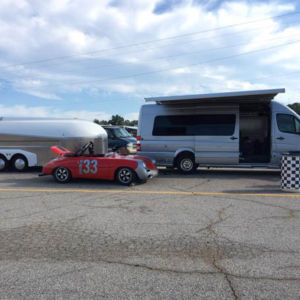 This beautiful combination was seen at the HSR Fall Historics (2017). Aerovaults are popular with Sprinter Van owners as a lot of Sprinters only have a 5500 lb towing capacity. Not only is the Aerovault lightweight but it handles so well it steadies a tall sprinter van going down the highway.